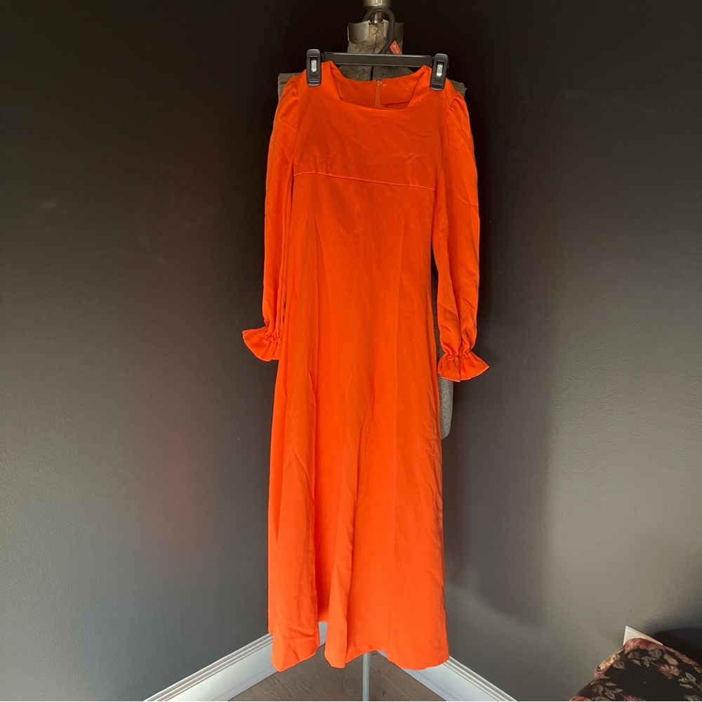 Vintage 1970s Handmade Junior Girl's Orange Formal Dress with Long Sleeves